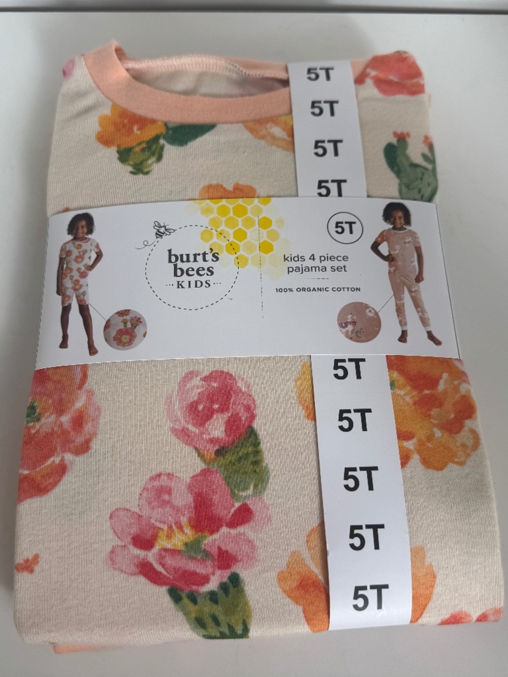 NWT Burt's Bees Kids 4-pc 100% Organic Cotton Pajama Set Llama Floral Pink 5T